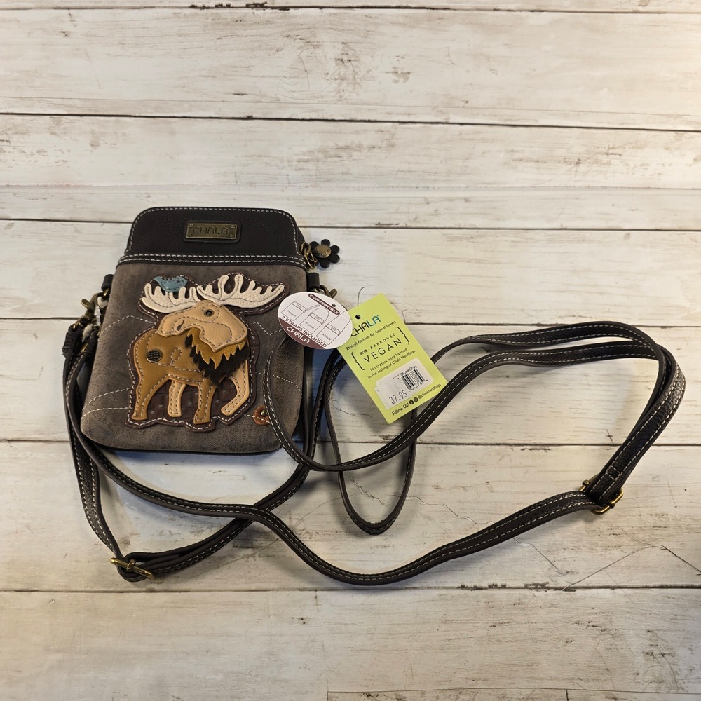 NWT Chala Moose Cell Phone Crossbody Purse Stone Gray Vegan Leather Bag